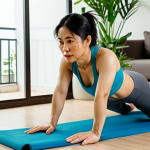 ** A Vietnamese woman in her 30s is doing a plank exercise at home, she is doing a plank with arm touching shoulder. She wears comfortable workout clothes and a determined expression. The background is a simple but modern living room in Vietnam, with some plants and natural light.

**