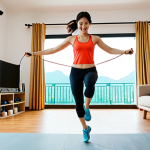 **

Prompt: Woman jumping rope at home, bright and airy living room setting, fitness motivation, active lifestyle, showcasing energy and calorie burn, Vietnamese home decor elements, sportswear.

**