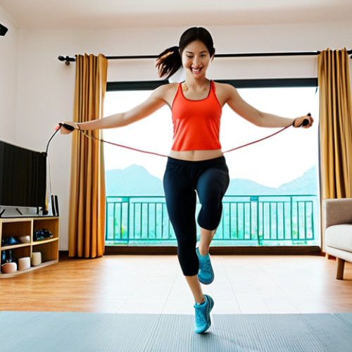 **

Prompt: Woman jumping rope at home, bright and airy living room setting, fitness motivation, active lifestyle, showcasing energy and calorie burn, Vietnamese home decor elements, sportswear.

**