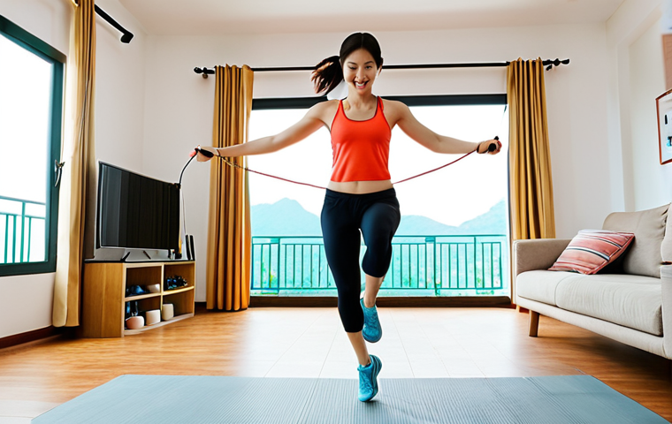 **

Prompt: Woman jumping rope at home, bright and airy living room setting, fitness motivation, active lifestyle, showcasing energy and calorie burn, Vietnamese home decor elements, sportswear.

**